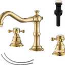 GGStudy 2 Handles 3 Holes Faucet Widespread Bathroom Sink Faucet Polished Gold Basin Tap Mixer Supply Hose Included Matching Metal Pop Up Drain