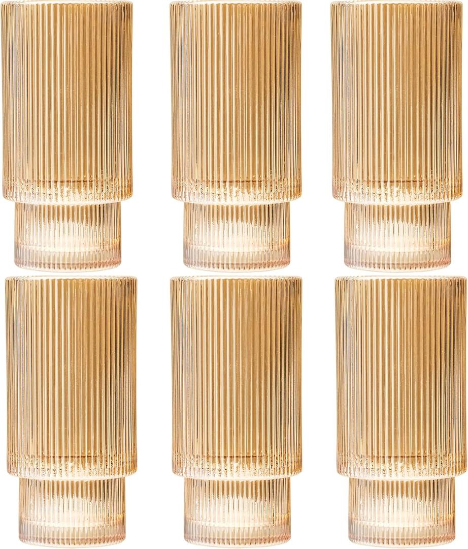12 oz Ribbed Drinking Glasses Set of 6, Clear Vintage Iced Coffee Cups Elegant Glassware, Highball Glass Cups Ridged Glass Tumbler for Cocktail, Whiskey, Beer, Water, Juice, Origami Style Amber