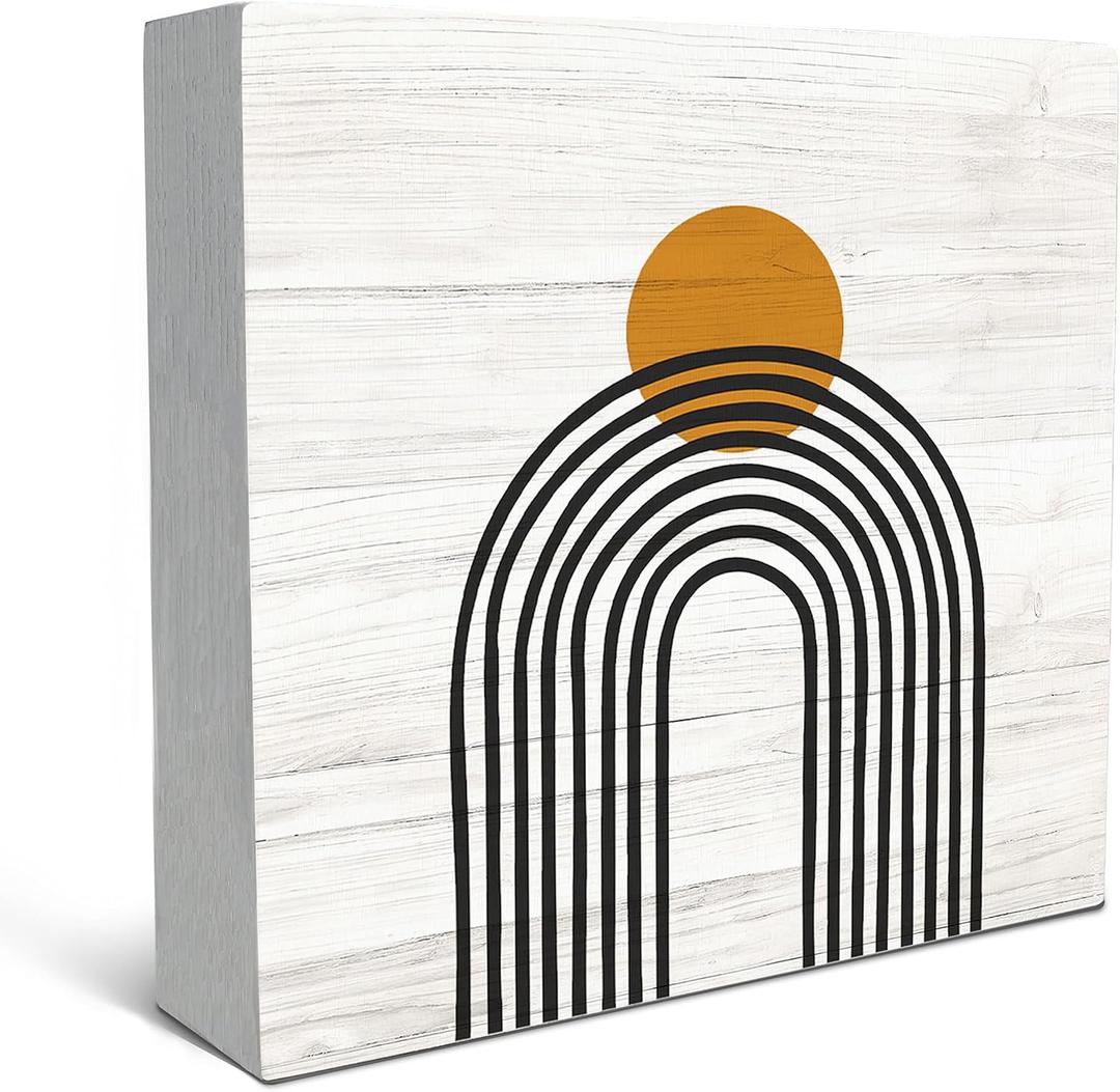 SRADMO Boho Sun Rainbow Abstract Geometric Balance Arch Shapes Wood Box Sign Desk Decor, Boho Mid Century Modern Art Wooden Block Box Sign Decoration For Home Office Shelf Table Decor (white)