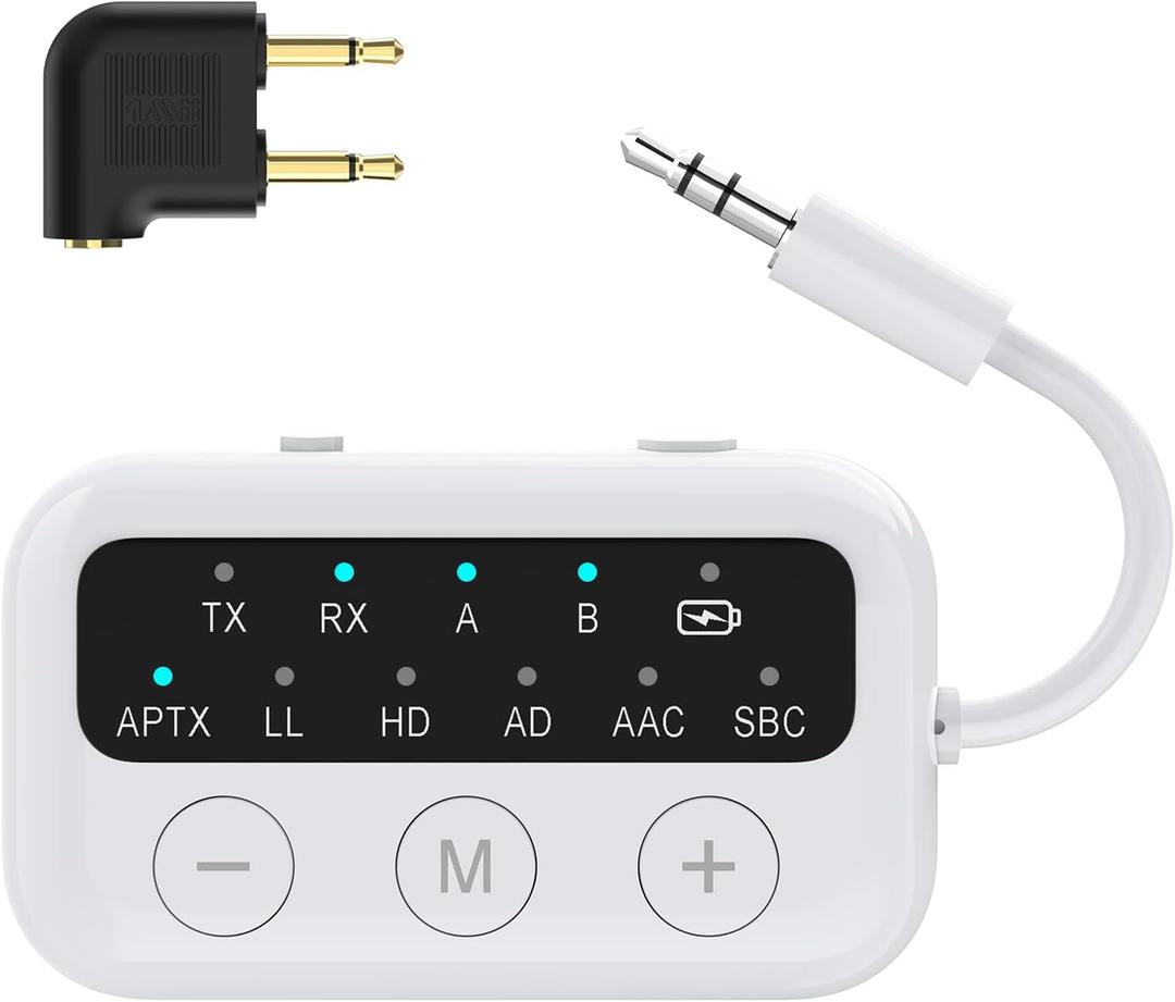 SafeFly Dot Bluetooth 5.3 Audio Transmitter Receiver for TV - AptX Low Latency, 25H Battery Life, Dual Pairing for 2 Airpods, 2-in-1 Wireless Adapter for Airplane, Car, Home Stereo, PC, MP3, Gym-White