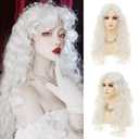White Long Curly Wigs for Women With bangs Synthetic Queen Princess Middle Part Hair Wig for Cosplay Halloween