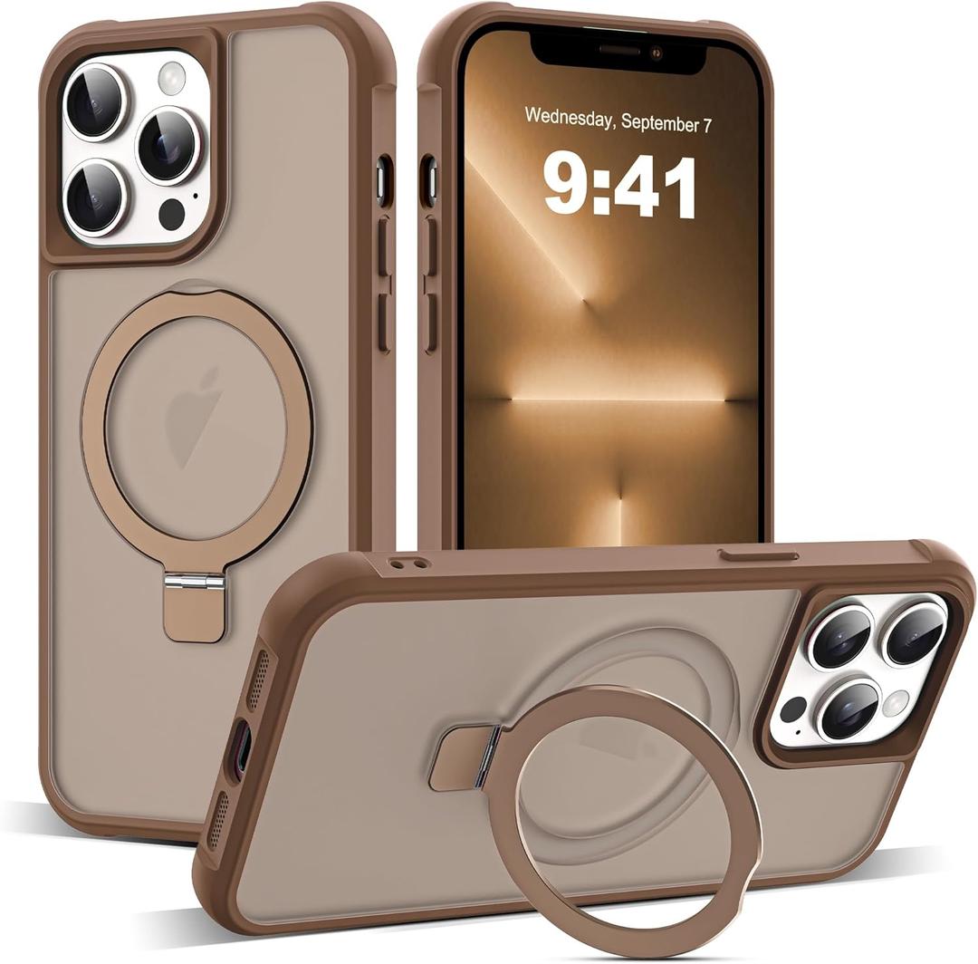Compatible with iPhone 12 Pro Max Case & iPhone 13 Pro Max Case with Invisible Magnetic O-Ring Stand Translucent Phone Cases 6.7" [Compatible with Mag-Safe][Great Grip Feeling], Brown