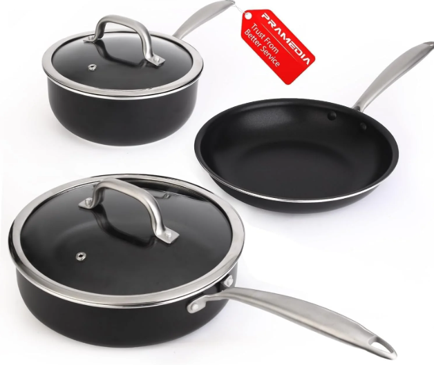 PRAMEDIA 5PC Induction Cookware Set with Tempered Glass Lids, Ultra Nonstick Pots and Pans Set with Stainless Steel Handle, Oven Safe and Dishwasher Safe, Non Toxic & Granite Cooking Set, Black