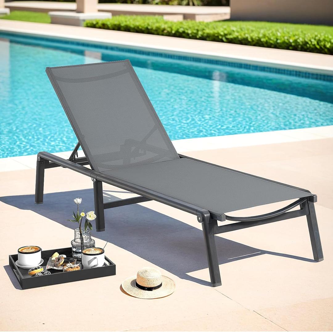 ONBRILL Aluminum Chaise Lounge Chair Outdoor, Foldable & Assembly Free Outdoor Lounge Chair with 5 Position Adjustable Backrest, Patio Pool Lounge Chairs for Outside Poolside Beach Lawn, 1PC, Grey