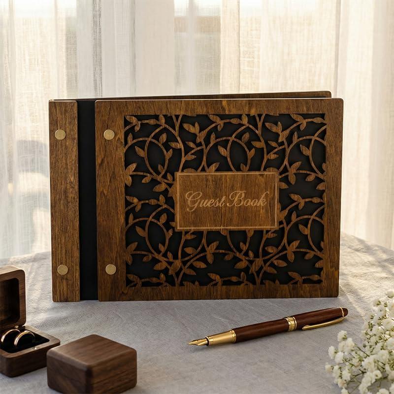 Wedding Guest Book - Wood Cover Scrapbook Rustic Guest Book 30 White Pages 6.9”×10” Guestbook for Wedding Reception, Travel Wedding, Birthday, Baby Shower, Bridal Shower