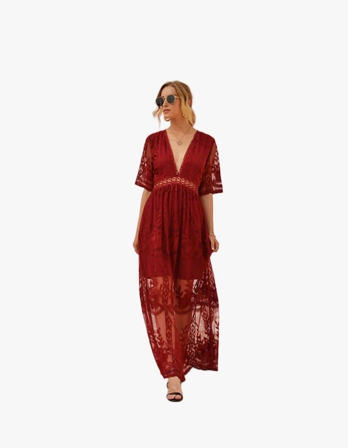 Women's Lace Maxi Dresses Deep V Neck White Ankle-Length High-Waisted Bridesmaid Dresses Summer Beach, Large