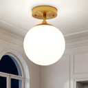 Majade Semi Flush Mount Ceiling Light 8" Globe Mid Century Modern Light Fixture Milk Glass with Gold Brass Finish Light Fixtures for Hallway Entryway Kitchen Island Closet Laundry Bathroom