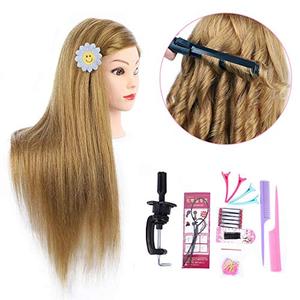 MEDO 26 Inch Makeup Mannequin Head Long Straight Hair Dresser & Practice Long Training Head Brown Synthetic Hair with 50% Real Hair Braiding Manikin Head Doll Cosmetology Head And Clamp(Makeup on, 27)