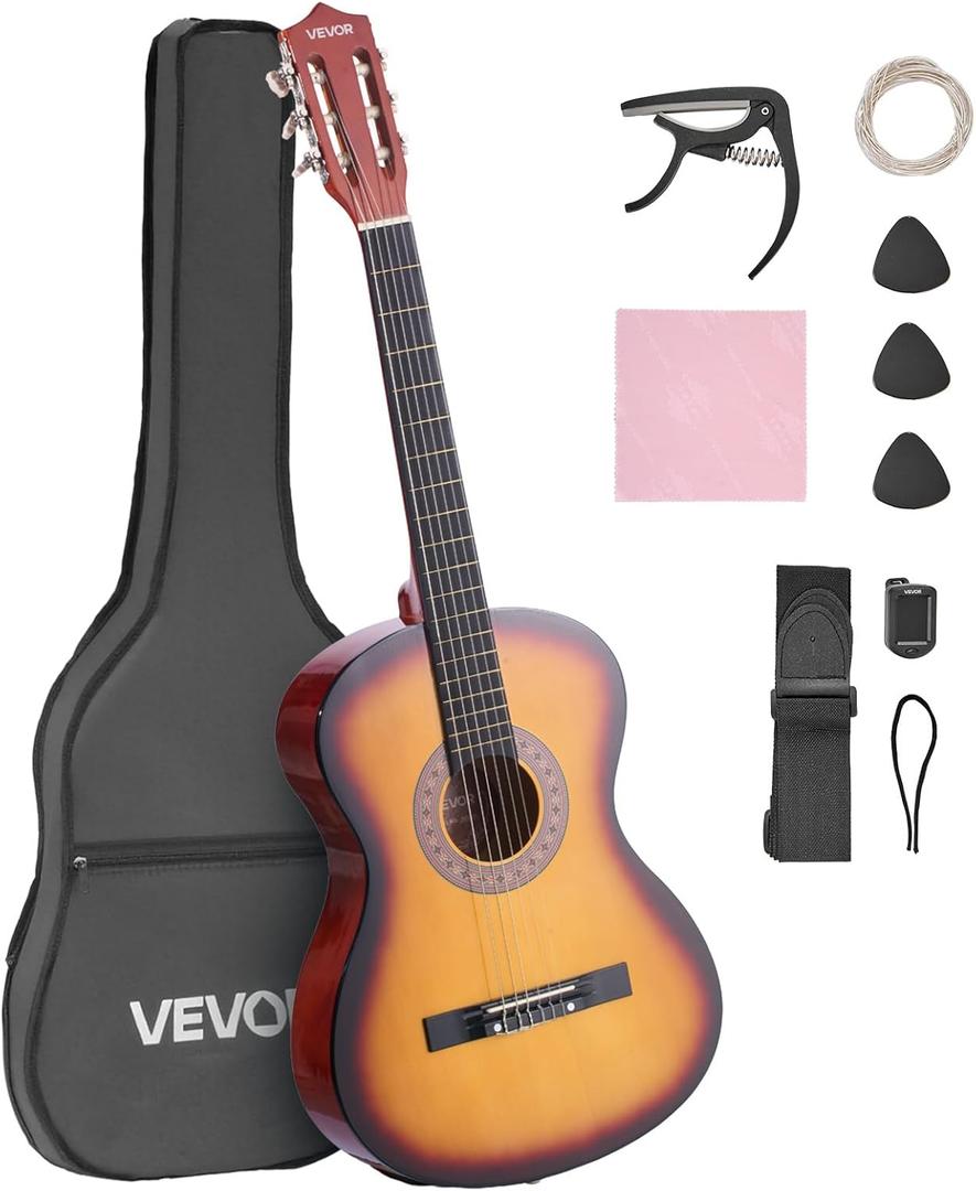 VEVOR Acoustic Guitar, Classical Guitar Starter Kit for Beginners, with Nylon Strings, Basswood Guitar, for Kids Adults Girls Boys Students (38 Inch, Sunburst)
