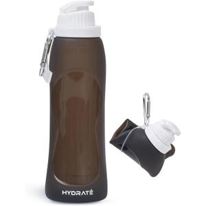 HYDRATE Collapsible Water Bottles for Travel - 17oz Foldable Pocket Bottle - Portable, Flexible, Compact Roll Up Bottles with Carabiner - Refillable Pouch for Hot and Cold Drinks (Black)