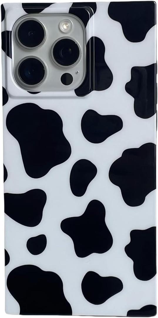 RoyMonkey Rectangle for iPhone 15 Case, Cow Animal Print Phone Case, Shockproof Protective Glossy Back Soft Cover for iPhone 15 6.1", Black/ White