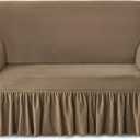 NICEEC Loveseat Cover Thick Plush 1-Piece Warm Khaki Slipcover for Loveseats Stretch Fluffy Couch Covers for Living Room Easy Fit Washable Soft Furniture Sofa Protector with Skirt (Medium)