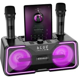BIGASUO Portable Karaoke Machine with 2 UHF Wireless Microhpne LED Light Bluetooth Singing Karaoke PA Speaker System for Home Party Wedding Church Picnic Outdoor/Indoor