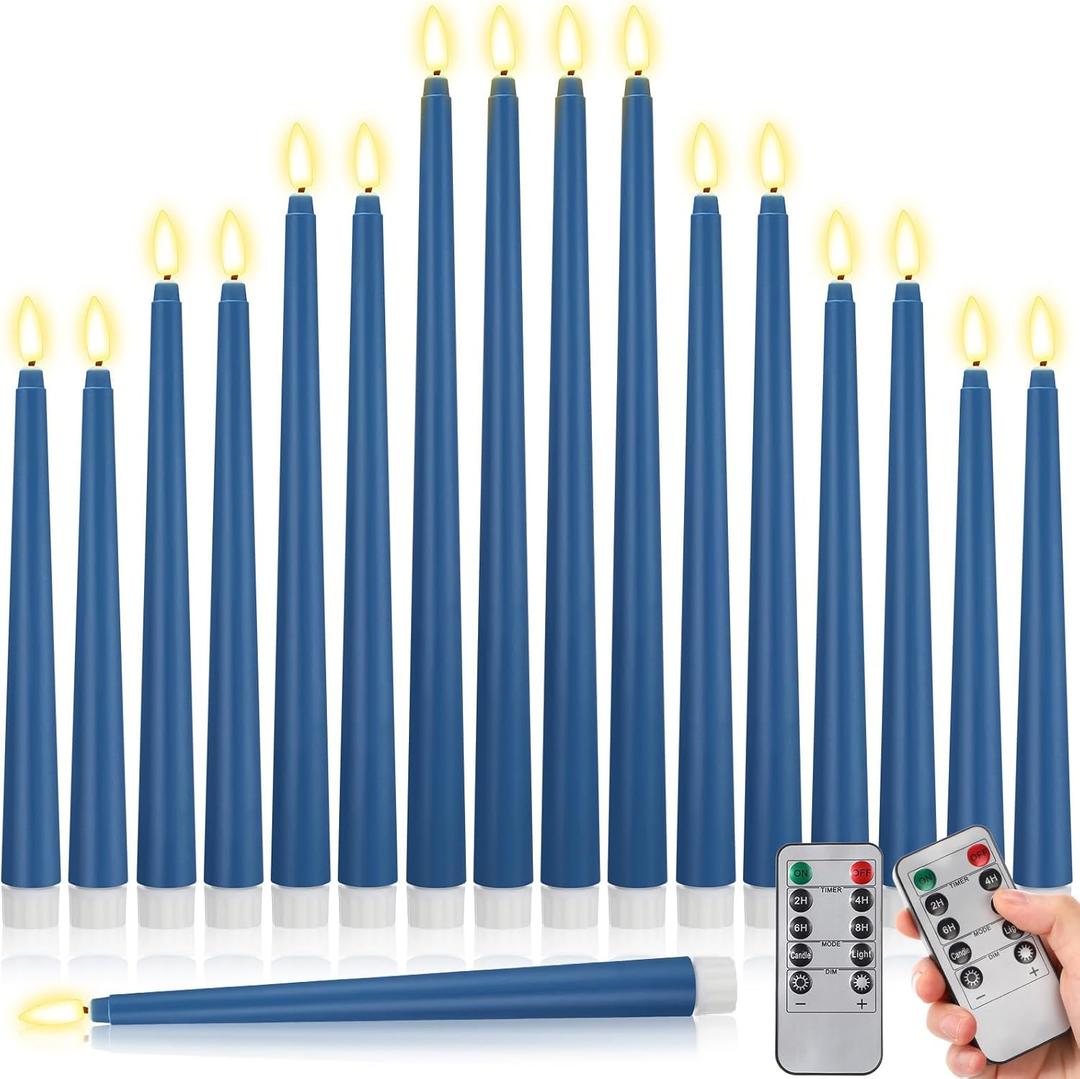 Rossesay 16 Pcs Blue Flameless Taper Candles Battery Operated Candles with Remote Timer 8.5" 9.6" 10.8" 12.8" Multiple Sizes Blue LED Flickering Candlestick for Wedding Centerpieces Party Decor