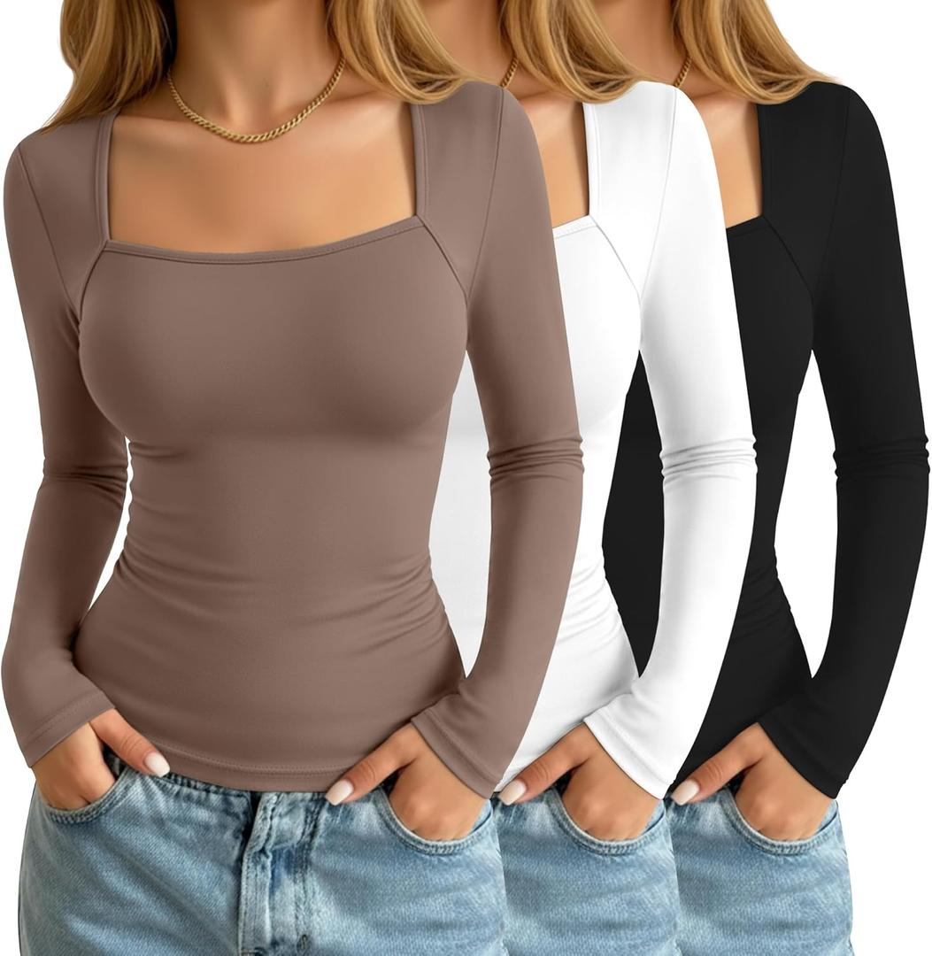3 Pack Women's Square Neck Long Sleeve Tops, Double Lined Slim Fit Shirts Basic Trendy Going Out T Shirts, Earth Brown, White, Black, Small
