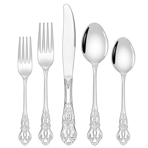 Silverware Set, Ollex 60-piece Retro Royal Silver Flatware Set for 12 with Stainless Steel Knives Forks Spoons Vintage utensil sets for Dairy Kitchen Party Tableware Cutlery Set, Dishwasher Safe