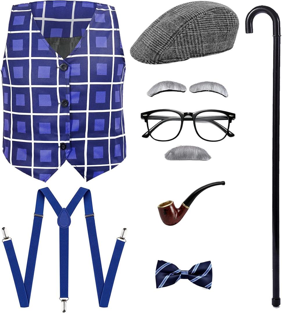 Yi-gog Old Man Costume Grandpa Old Person Outfit Suit Vests Old Man Set (8-10Y, Blue)