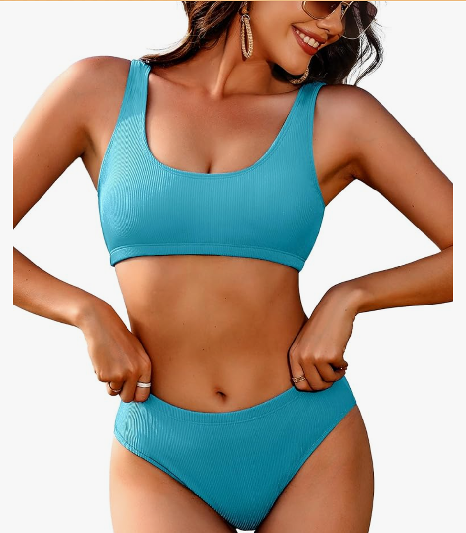 AI'MAGE Women Ribbed Bikini Sets Sporty Swimsuits Scoop Neck Two Piece Bathing Suits High Cut Bikini M