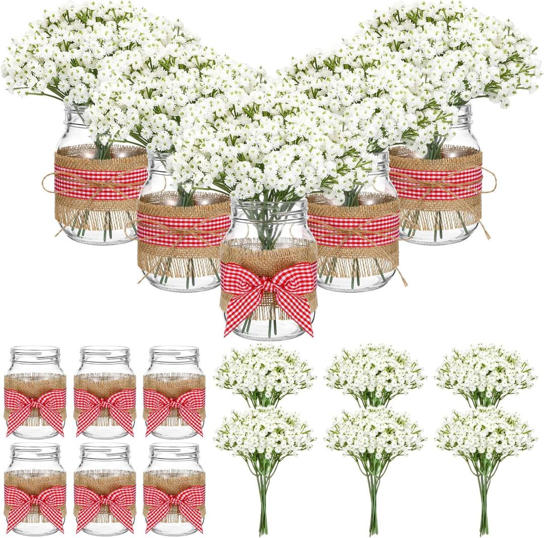 46 Pcs Picnic Party Centerpieces for Table Mason Jar Table Centerpieces with Baby's Breath Red Gingham Ribbon for Picnic Birthday Party BBQ Baby Shower Supplies