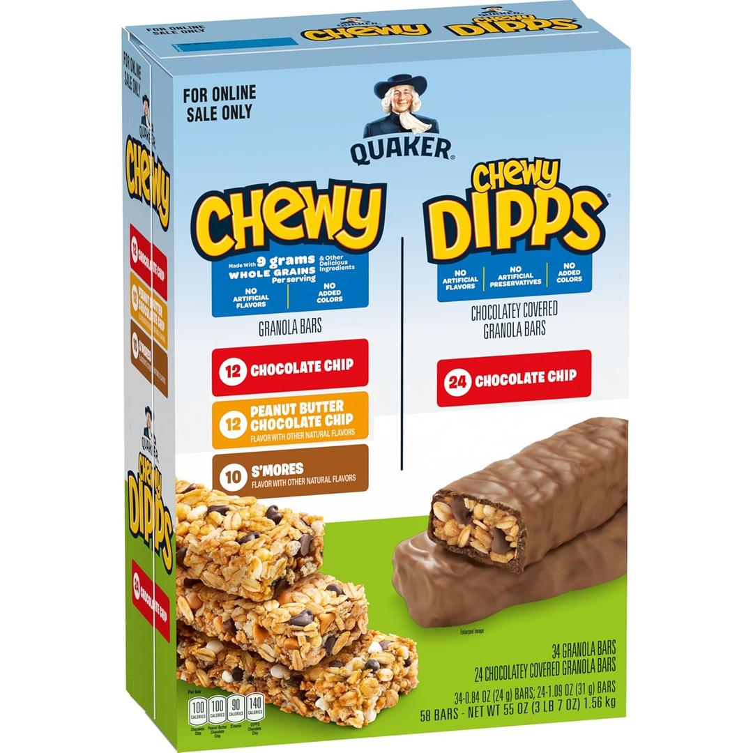Quaker Chewy Granola Bars, Chewy & Dipps Variety Pack, (58 Bars), Whole Grains, No Artificial Flavors, No Added Colors, BB Date 12/14/2025