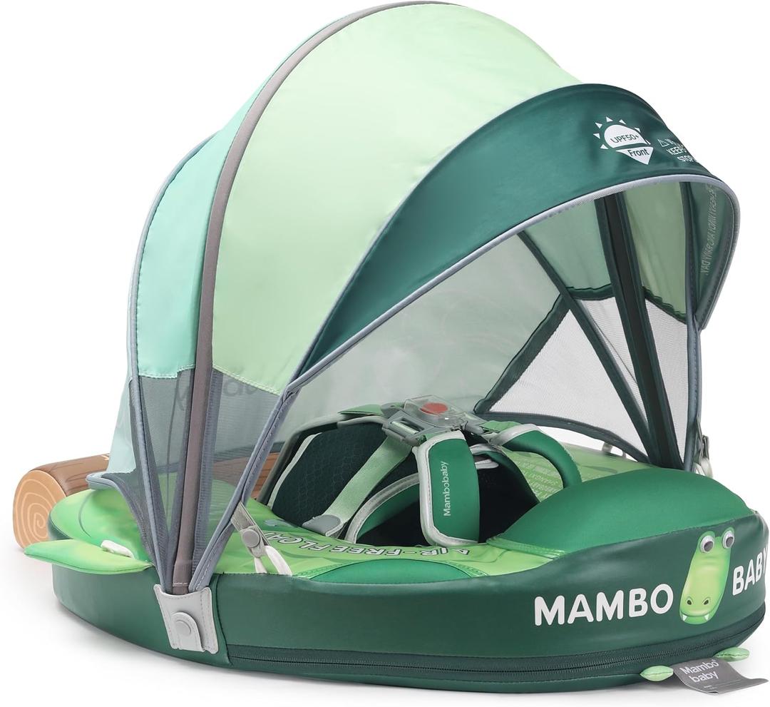 Mambobaby Float Add Tail Baby Swim Float with Canopy Solid Pool Infant Swim Trainer Swimming Training Lying Air Free Water Floats Non-Inflatable Waist Swim Ring for Toddlers (Crocodiles), Large