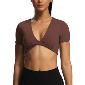 Aoxjox Short Sleeve Crop Tops for Women Sienna Twist Deep V Workout Cropped T Shirt Top (Dandelion Brown, XX-Large)