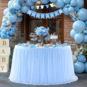 Round Tulle Tablecloth Table Skirt Wrinkle Free Ruffle Tutu Tablecloth Stretch Fitted Round Table Cover for Party Wedding Baby Shower Birthday, Baby Blue, 48inch in Round Baby Blue
