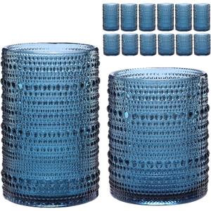 Vintage Glassware Drinking Glasses Set of 12,Blue 12oz & 15oz Hobnail Glass Cups,Embossed Water Tumbler,for Beer,Cocktail,Whiskey,Juice and Various Mixed Drinks- 1 Cleaning Brush, Blue