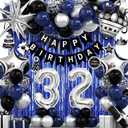 32nd Birthday Decorations for Men and Women, Black Blue Silver Happy Birthday Number 32 Balloons, Banner, Fringe Curtains Garland Kit - 32 Year Old Party Supplies
