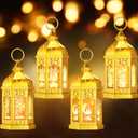 Retisee 4 Pcs 7" Ramadan Large Eid Mubarak Lantern Moon Star Hanging LED Lantern for Home Patio Table Wedding Centerpiece Festival Decoration (4 Styles,Electroplated Gold)