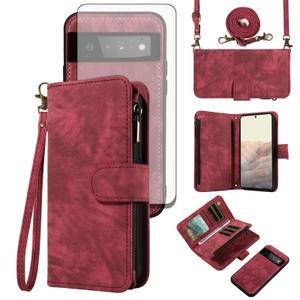 Asuwish Phone Case for Google Pixel 6 Pro Zipper Wallet Cell Cover with Tempered Glass Screen Protector Crossbody Strap Flip Credit Card Holder Pixel6Pro Pixel6 XL 6XL Pixle 6Pro 5G Women Girls Red