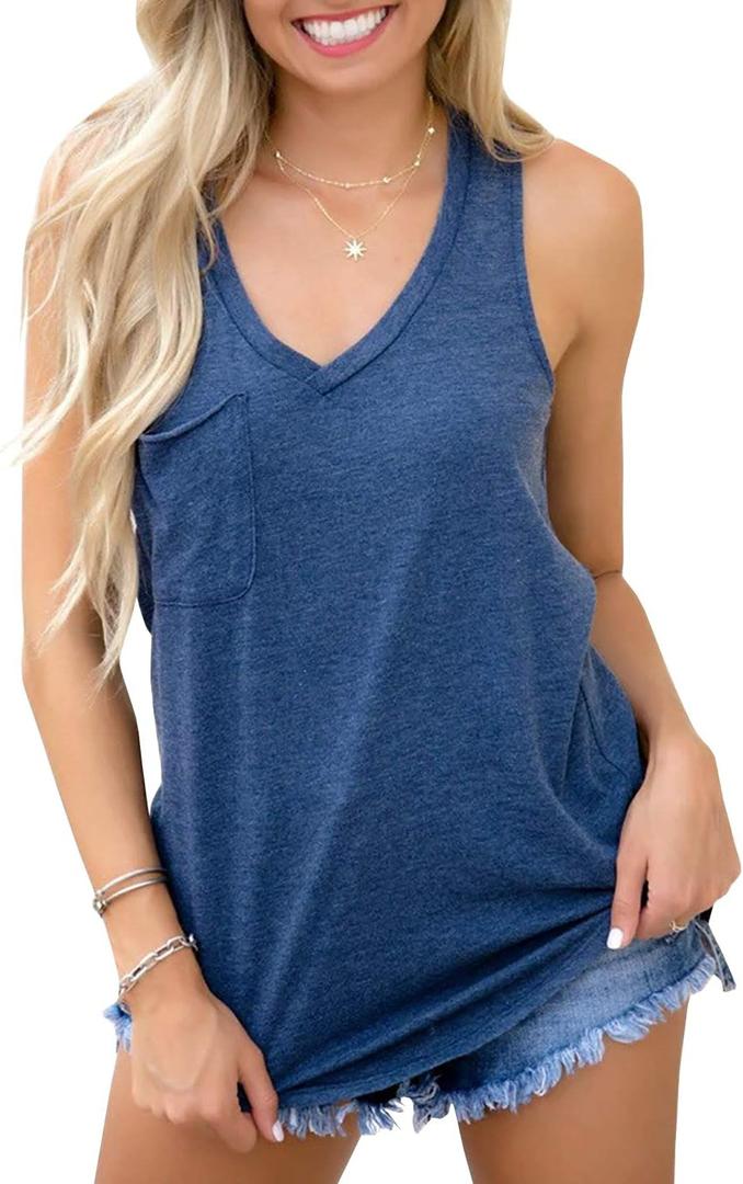 Coutgo Womens V Neck Sleeveless Tank Tops Workout Yoga Loose Lightweight Flowy Summer Tee Shirts with Pocket Size M