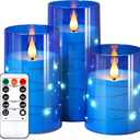 NURADA Flickering Flameless Candles: 3D Wick Built-in Star String Lights Acrylic Unbreakable Battery Operated LED Pillar Candles with Remote and Timer - 3 Pack for Wedding Valentine's Day Decor