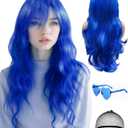 28 Inch/70 cm Blue Wig Long Curly Wig and Party Sunglasses, Cosplay Color Wig with Neon Glasses for Women - Bachelorette Party Wigs Decorations Favors (Blue)