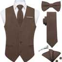 DiBanGu Mens Linen Suit Vest Casual Waistcoat and Necktie & Pre-tied Bowtie Set 6PCS Solid Color Dress Vest for Wedding Party (Large, Brown)