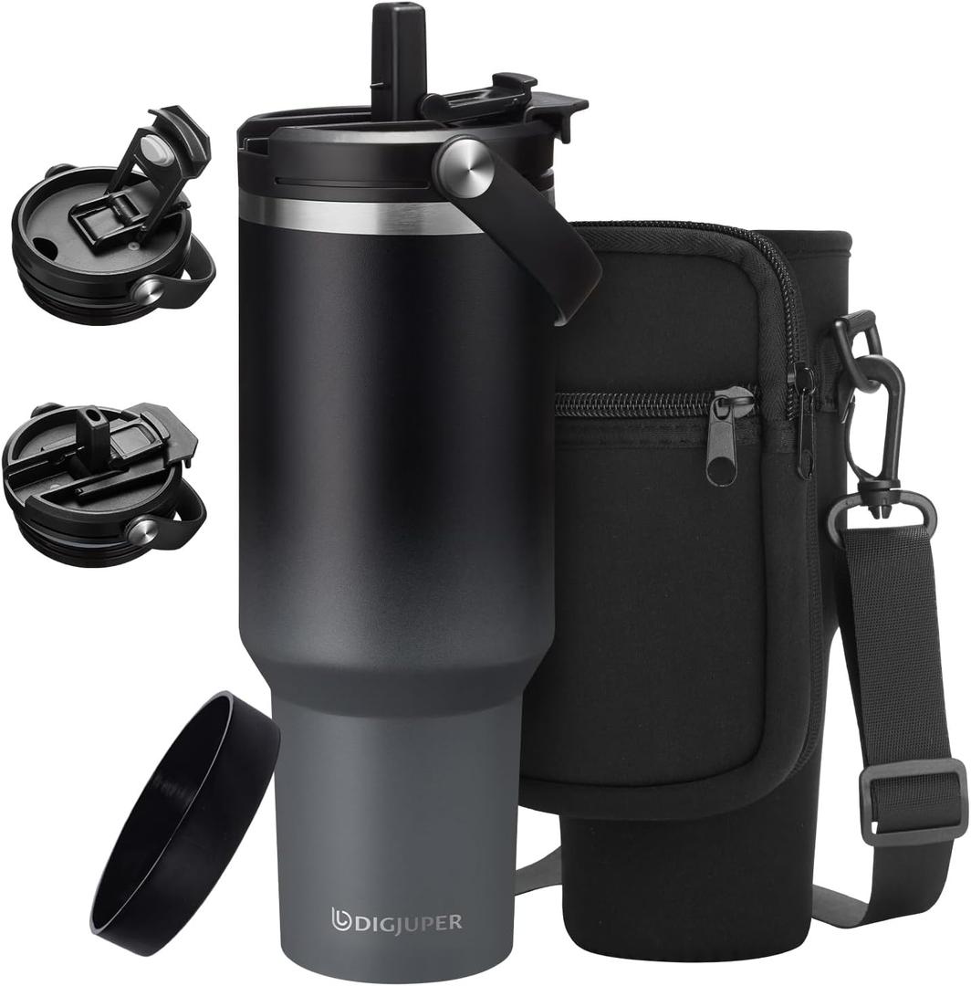 40 oz Coffee Tumbler with Straw - Flip Lid, Carrier Bag Strap & Silicon Bottom Boot, Insulated Tumblers Water Bottles Fit Car Holder, Stainless Steel Travel Cups Mug for Travel Work (Black&Grey)