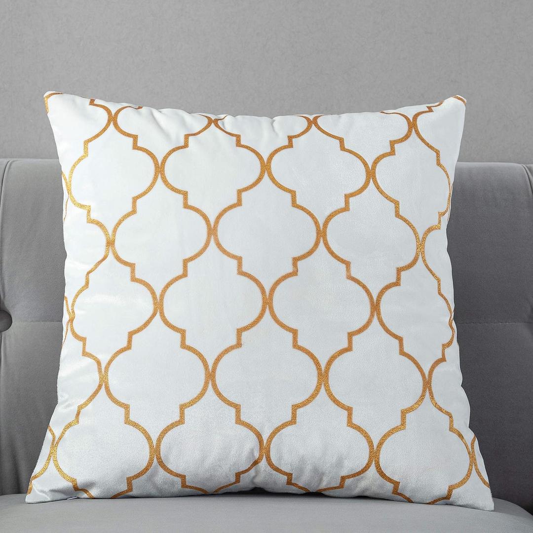 TAOSON Pack of 2,Moroccan Quatrefoil Geometric Bronzing Printed Cozy Soft Throw Pillow Cases Cushion Covers Shells for Sofa Couch Bed Home Decoration 18 x 18 Inches, White and Gold (18" x 18" (Pack of 2), 04-white)