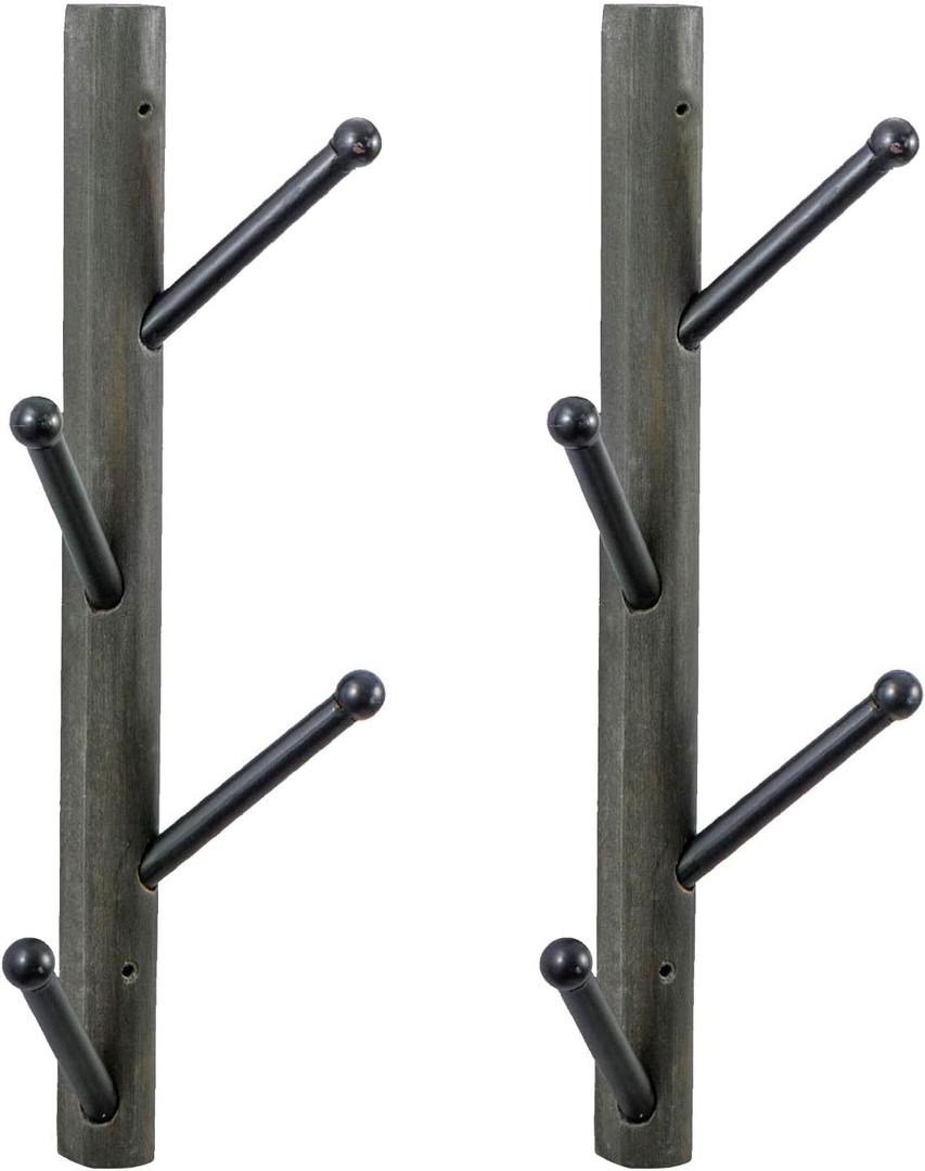 MyGift Wall Mounted Coat Rack Tree, Vintage Gray Weathered Solid Wood and Black Metal Hat Hanger with 4 Hooks, Vertical Entryway Hanging Garment Rack with Branch Style Hooks, Set of 2