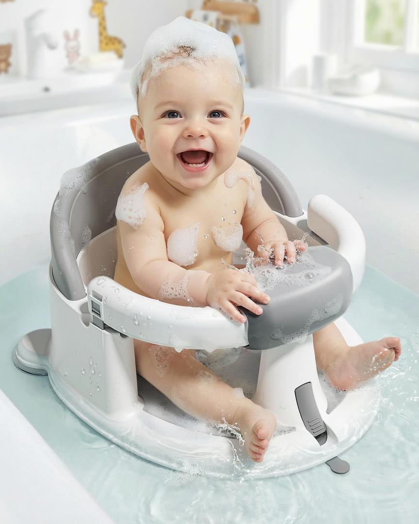 Baby Bath Seats for Babies Sitting Up, Non-Slip Baby Bathtub with 3 Suction Cups, Safe & Comfortable Toddler Bath Seat Ideal for Baby Bath/Shower Support, Stable Design, Grey (6-24 Months)