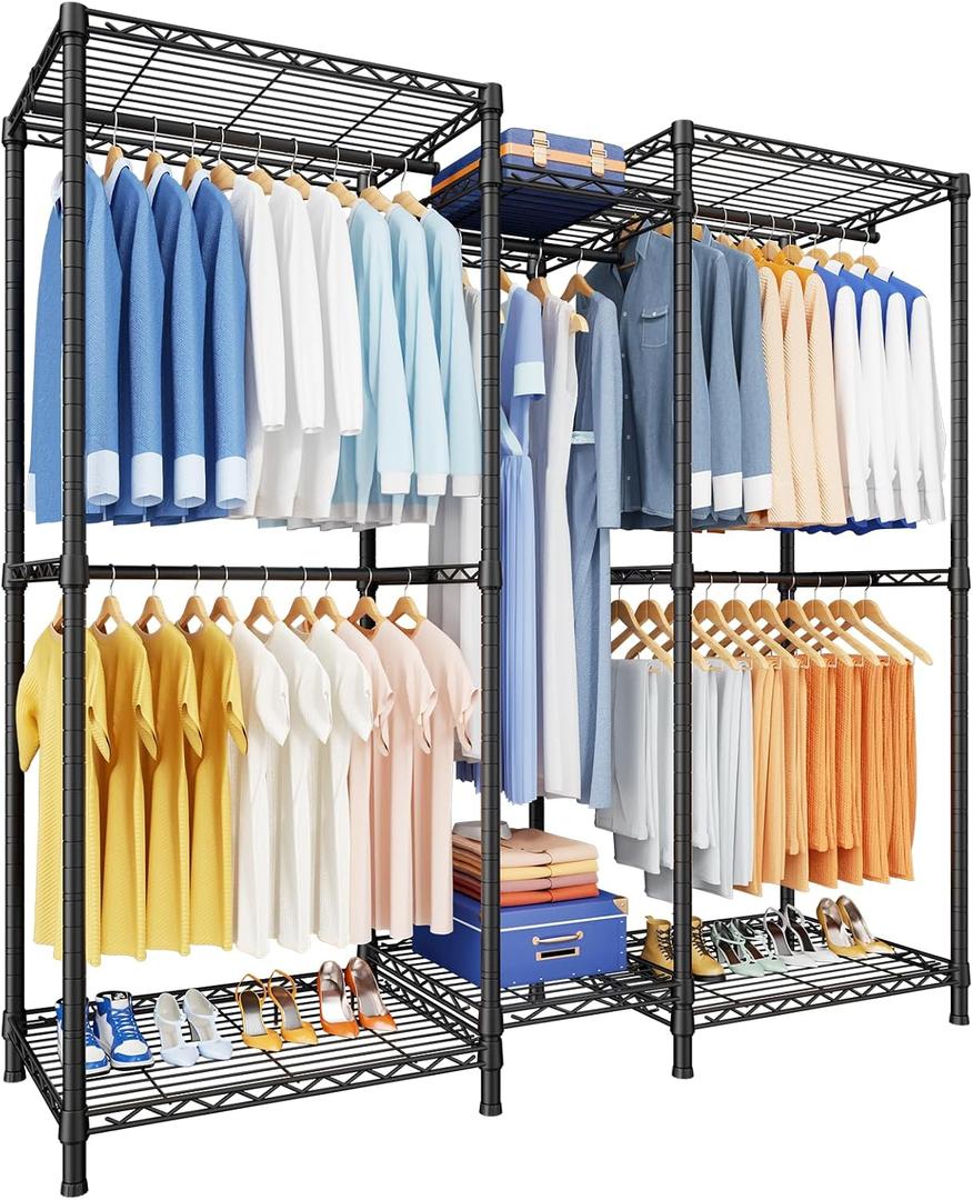 Ulif E12 Clothes RackHeavy Duty Freestanding Garment Rack with ShelvesMetal Clothing Closet Storage System for Hanging Clothes57.1" W x 16" D x 76.5" H, Hold 860 lbs, Black