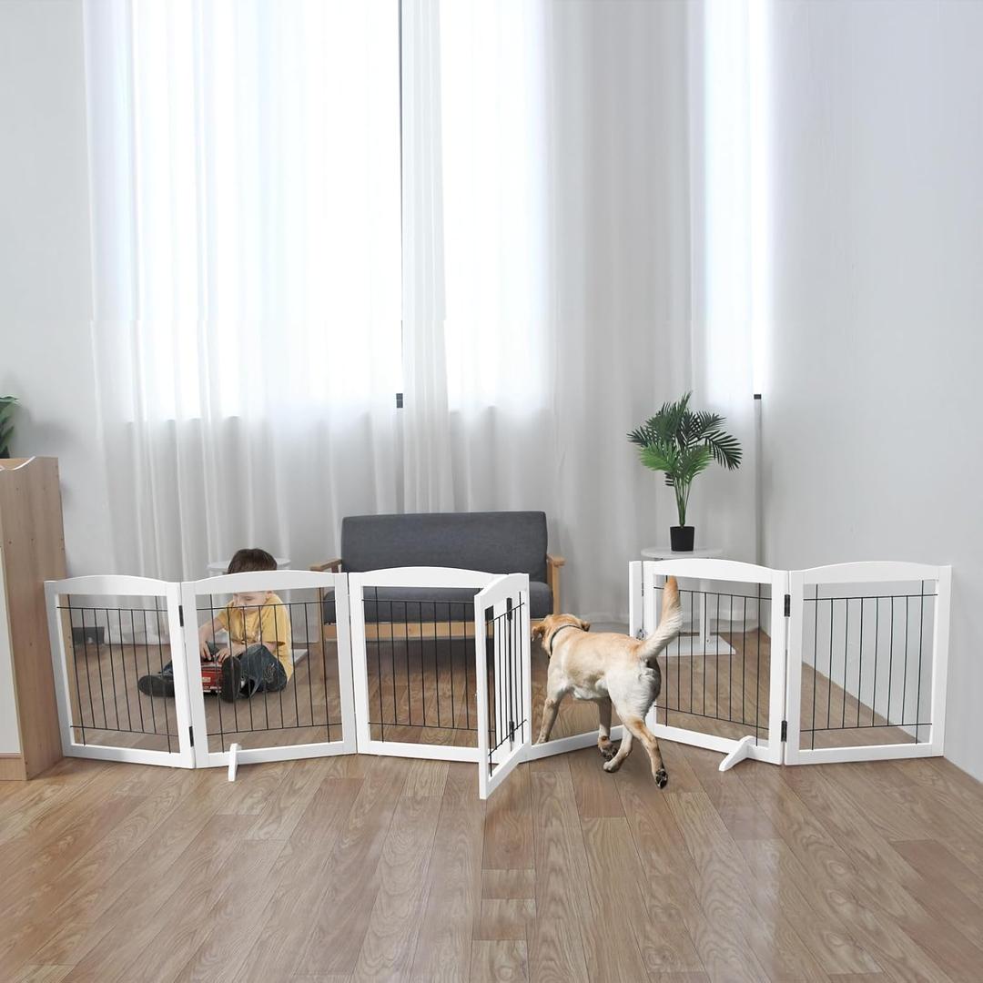 ZJSF Free Standing Dog Gate with Door, Foldable Wooden White Puppy Gate 24''H