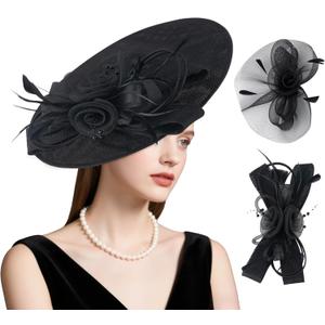 Dressfan Wide Brim Fascinator Derby Hats for Women,20s Detachable Flower Hat with Headband for Derby Church Wedding Tea Party (Black)