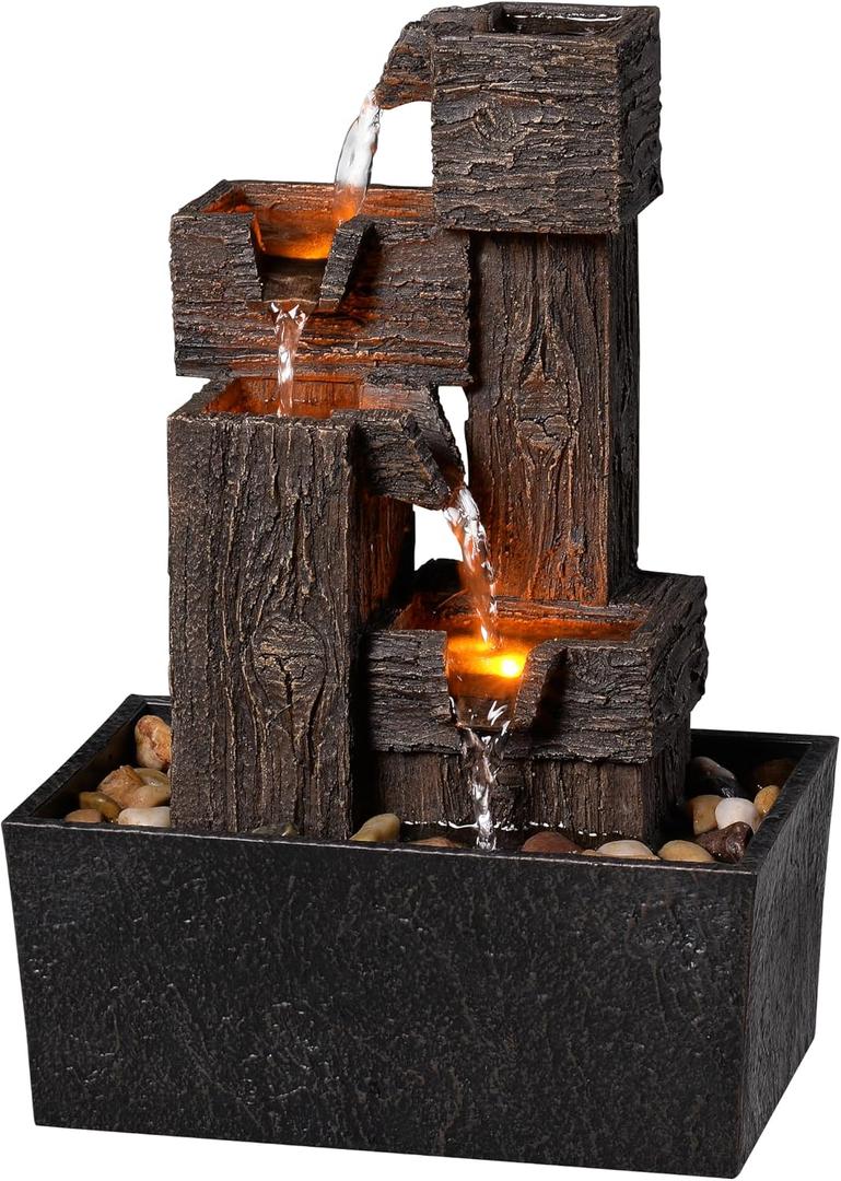 13 Inch Tabletop Water Fountain with LED Lights, Resin Wood Grain Tiered Design, Automatic Pump, Natural River Rocks for Home Office Zen Relaxation Decor Gift