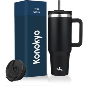 Konokyo 40 oz Tumbler with Handle and 2 Straws,2 in 1 Lid Insulated Water Bottle Stainless Steel Travel Coffee Mug,Black