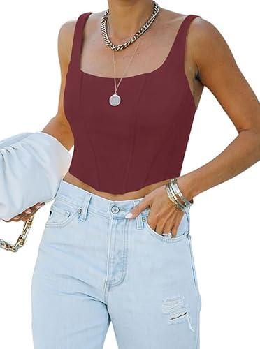 REORIA Women's Summer Sexy Square Neck Sleeveless Trendy Night Club Cropped Tank Top Cute Going Out Bustier Corset Crop Tops Burgundy Large