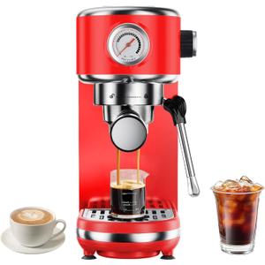 atatix 20 Bar Espresso Machine with Milk Frother, Compact Espresso Maker, Stainless Steel Coffee Machine with Precise Temp Control & 44oz Removable Water Tank for Latte, Cappuccino, Red