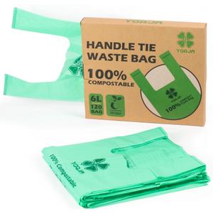 YORJA 1.6 Gallon Tie Handles Compost Trash Bags 120 Food Scrap Bags, Compostable Kitchen Waste Bags with Europe EN13432 & ASTM D6400 Certified