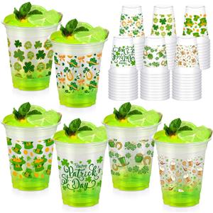 60 Pcs 12 oz St Patrick's Day Shamrock Plastic Cups, Happy St Patrick's Day Green Disposable Clear Cups, Saint Patricks Day Cups Green Lucky Day Irish Birthday Party Cups for Beer Ice Cream Snacks