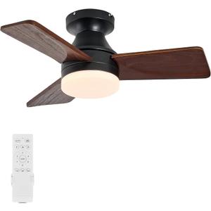 30" Wooden Ceiling Fan with Light: Low Profile Wood Fans with Remote Quiet Reversible DC Motor Simple Flush Mount Ceilingfan for Bedroom Living Room Kitchen Office Indoor Home Spaces