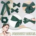 2 x 4 Pcs Dark Green Bows Set Accessories for Hair, Dark Green Scrunchie and Alligator Hair Clips Long Ponytail Bow Knot Linen Satin Hair Accessories for Women and Girls (3 Styles)